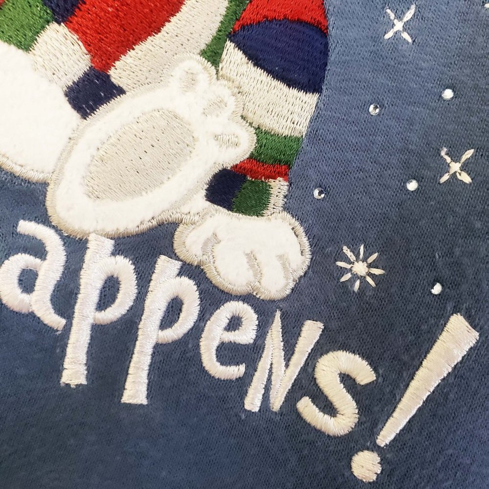 MC Sportswear Women's Slate Blue Embroidered Christmas Snow Happens Sweat Shirt - Picture 6 of 11